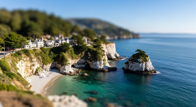 Miniature tiltshift view of a picturesque coastal village with white cliffs and turquoise sea