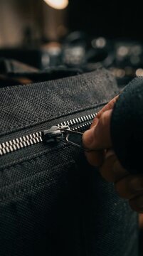 Close up of a hand zipping up dark denim jeans in a dimly lit setting with a shallow depth of field focusing on the zipper mechanism