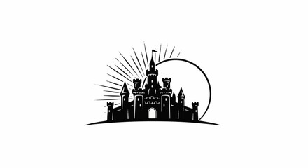 Obraz premium Black silhouette of a castle with radiating sun lines and a circular frame