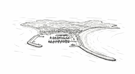 Naklejka premium Artistic sketch of a coastal town with a protected harbor and lighthouse