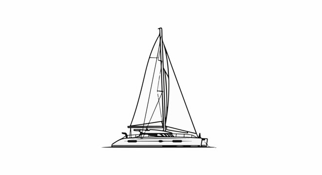 A simple line drawing of a white catamaran sailboat