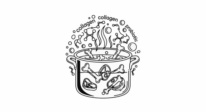Bones and meat simmer in a pot with steam and molecular structures