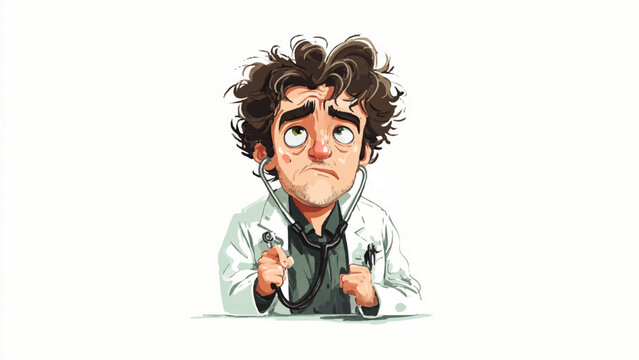 A sleepy doctor with messy hair holds a stethoscope in confusion.