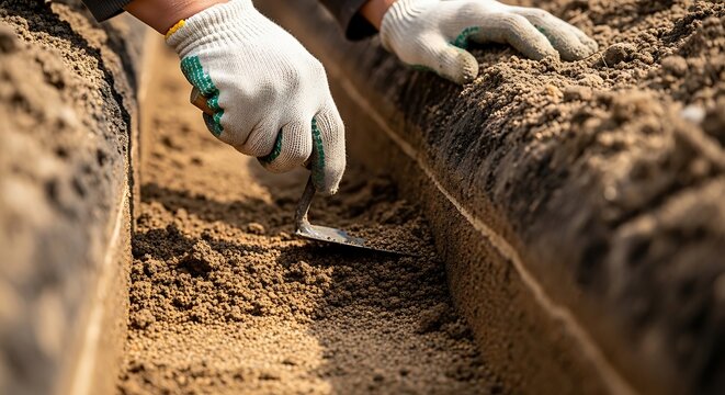 Close-up of gloved hands preparing soil in a garden trench with a trowel