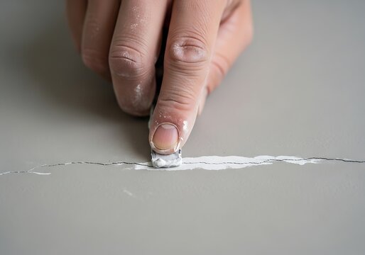 Close-up of hand repairing a crack in a wall with white filler