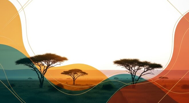 Silhouette of acacia trees on the savanna at sunset with abstract color overlays