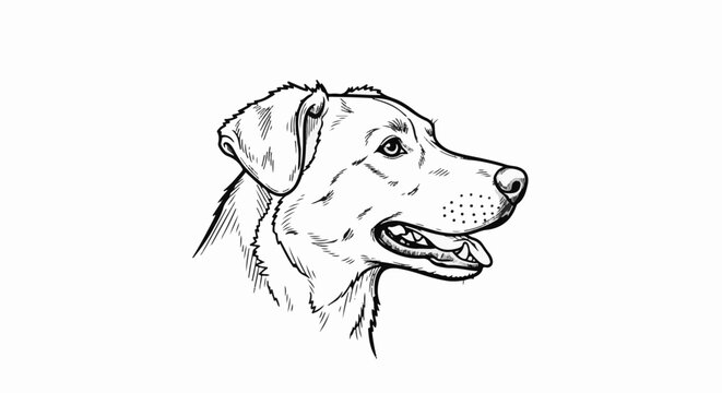 Black and white sketch of a dog's head in profile, panting