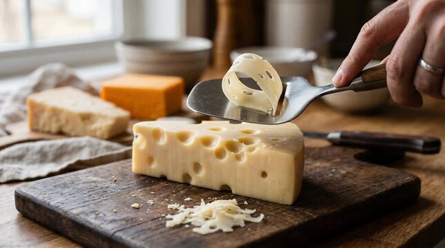 Close up of a Person slicing a block of Swiss cheese with a cheese slicer on a wooden cutting board with soft window light and several other cheeses in the background