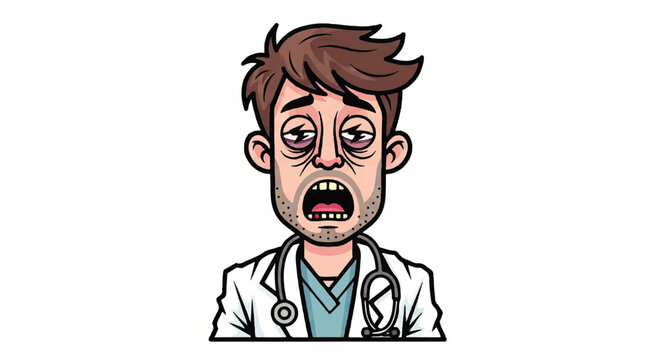 A sleepy doctor slouches with a tired face and yawning expression.