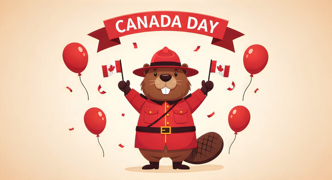 Celebrating canada day adorable beaver mascot with festive balloons and canadian pride