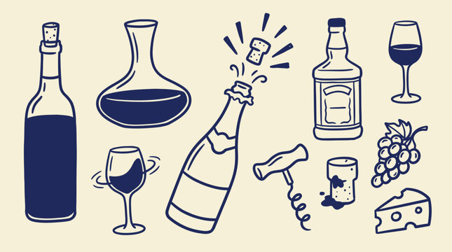 Alcoholic beverage and winery icons for restaurant menu design and hospitality branding applications