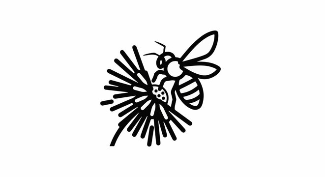 A simple, stylized black and white illustration of a bee collecting nectar from a flower
