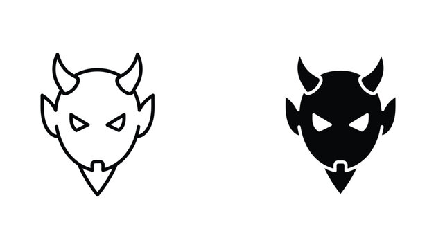Devil mask or demon face icon set with horns and goatee in minimalist line and solid black styles for creative projects