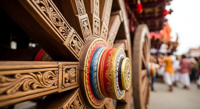 Intricately carved wooden wheel of a traditional Indian chariot in Puri.