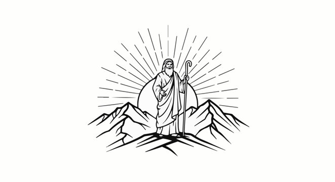 Bearded figure with staff on mountain, sunburst behind