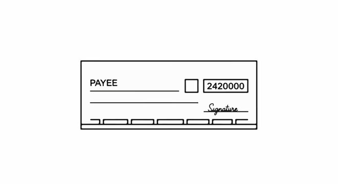 A simplified outline drawing of a check with fields for payee, amount, and signature