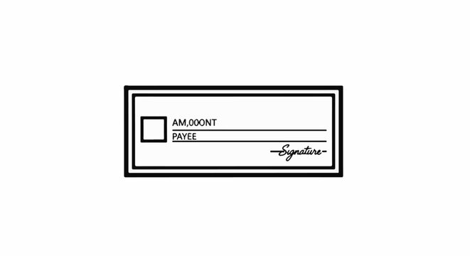 A simplified outline of a check with fields for amount, payee, and signature