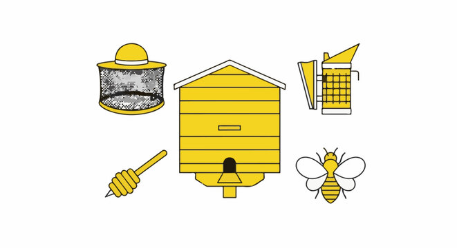 Beekeeping equipment illustrated with bee, hive, smoker, net, and honey dipper