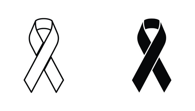 Awareness ribbon symbol set in line art and solid black silhouette styles for charity and health advocacy design projects