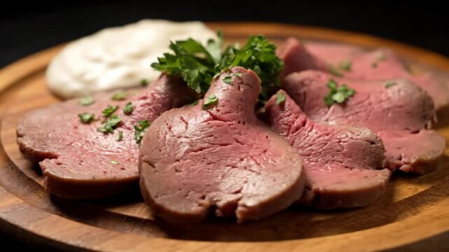 Gourmet sliced roast beef served with horseradish cream sauce and fresh parsley on a wooden board.