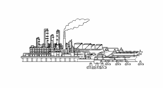 An industrial refinery complex with smokestacks emitting vapor, storage tanks and pipelines