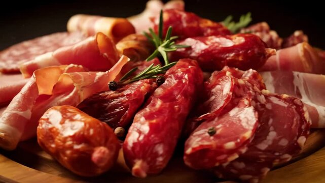 Deluxe italian charcuterie platter close-up: assorted sliced cured meats including prosciutto, salami, and bacon garnished with fresh rosemary and whole peppercorns on a dark background