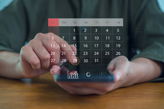 Digital calendar scheduling concept with user selecting date on smartphone interface, representing time management, planning, appointment booking, deadline tracking, business organization.