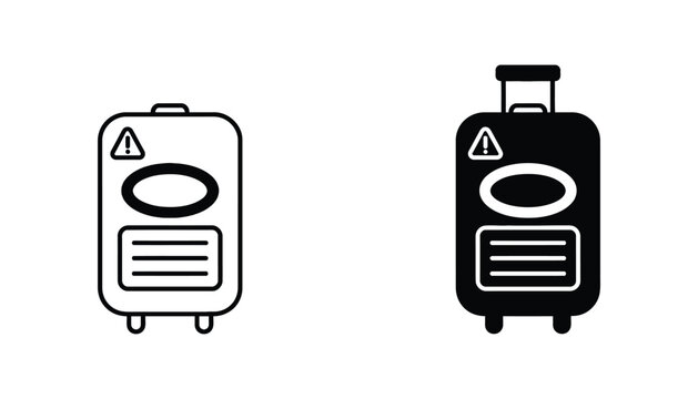 Travel suitcase icon set with warning sign and baggage label in linear and solid black glyph design for airport logistics and tourism industry UI elements isolated on white background