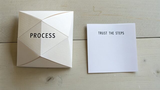 Inspirational guide on a wooden surface featuring a folded paper piece with the word 'PROCESS' and a note saying 'TRUST THE STEPS'