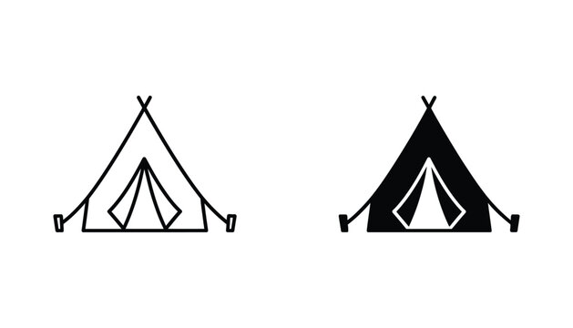 Classic outdoor camping tent icon set featuring triangular structure outline and solid black silhouette styles for adventure travel and wilderness tourism graphic design projects on white background