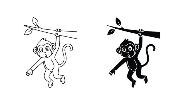 Playful monkey hanging from a tree branch icon set for children's books and educational media designs