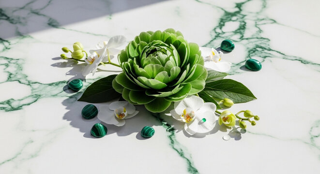 Green flower arrangement with orchids and malachite stones on a marble surface elegant spa and beauty concept with natural elements