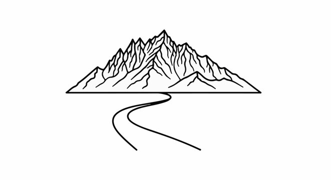 A stylized black and white illustration of a winding path leading towards majestic mountains