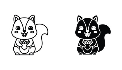 Cute squirrel holding an acorn icon set in outline and solid black vector style for nature woodland and forest animal illustrations on white background © TARU STOCKPLC