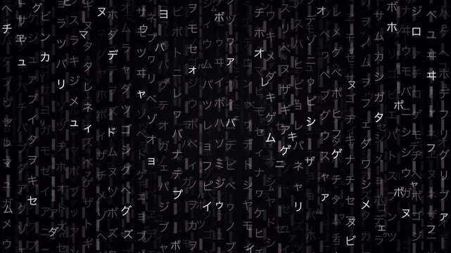 Vertical Falling White Digital Katakana Characters on Black Background