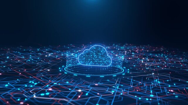 Glowing Blue Cloud Computing Icon on Digital Circuit Floor 3D animation of cloud hovering complex data grid. for cloud storage services, SaaS marketing, data security, hosting infrastructure content.
