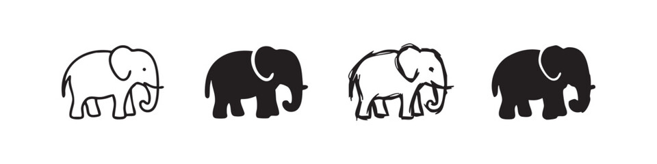 Fototapeta premium Four Elephant Icons: Outline, Solid, and Sketch Styles for Wisdom and Strength