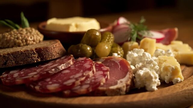 Gourmet charcuterie platter featuring sliced salami, whole grain bread, pickles, and mustard, presented on a rustic wooden board under moody low-key lighting.