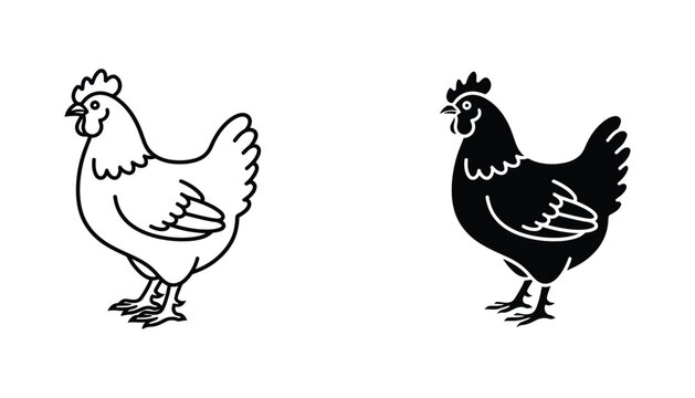 Domestic chicken hen profile silhouette icon in outline and solid black styles for farm and poultry branding graphic design assets