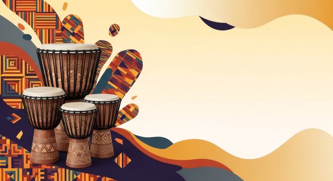 A collection of Djembe drums arranged on a colorful African-inspired background with flowing shapes.  Traditional percussion instruments displayed in a dynamic composition with abstract patterns.