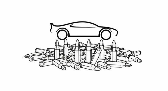 A stylized car silhouette hovers above a pile of bullets