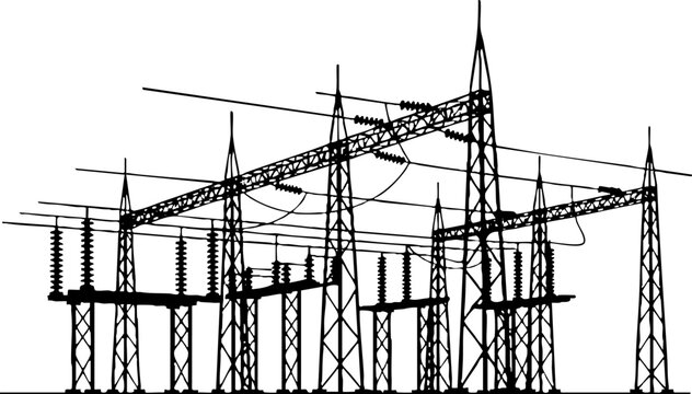 Electrical Substation Silhouette with Power Lines and Towers