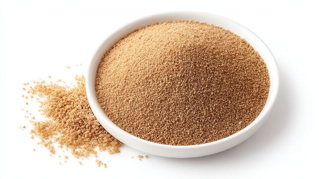 White bowl filled with fine brown teff grains isolated on white background gluten free nutrition