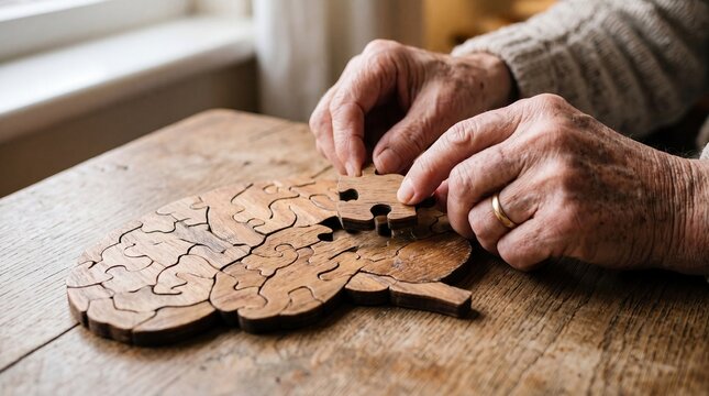 Elderly hands placing missing puzzle piece in brain shape concept