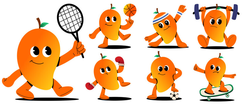 Cute mango mascot character set performing various sports activities including tennis, basketball, soccer, boxing, skateboarding, and weightlifting.