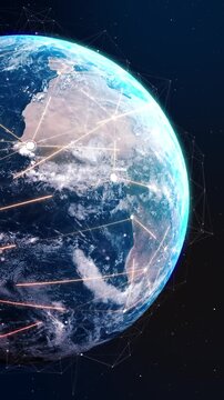 Tech earth globalization 3d animation. Global Business dots on rotating planet. globe HUD, maps Futuristic, technology, data, interface, digital, innovation, HUD, displaying continent maps data tables