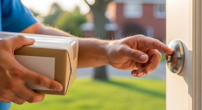 Delivery man pressing doorbell while holding a cardboard parcel