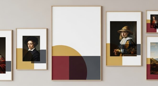 Classic Renaissance-style portraits displayed in modern geometric frames on a neutral wall
