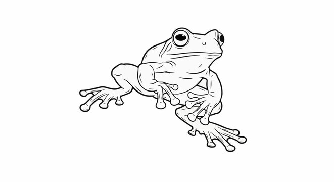 Black and white line drawing of a frog with large eyes and splayed webbed feet