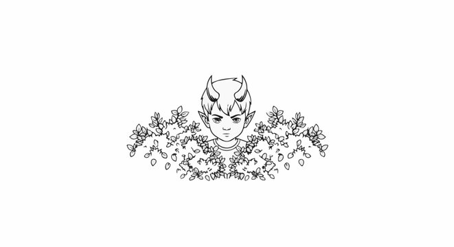 A stylized drawing of a young boy with horns and pointy ears